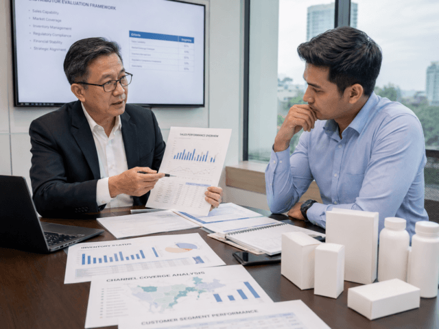 Brand owner and pharmaceutical distributor reviewing OTC product launch plans