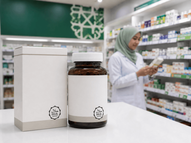 Halal-certified health supplement product in a Malaysian pharmacy setting