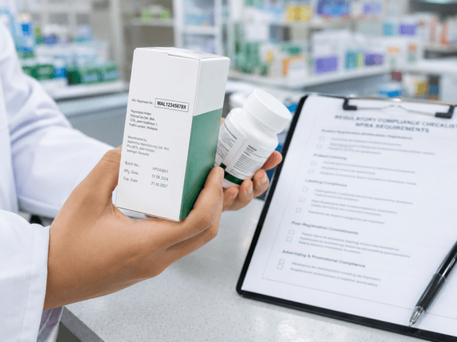 Close-up of health product packaging showing registration information