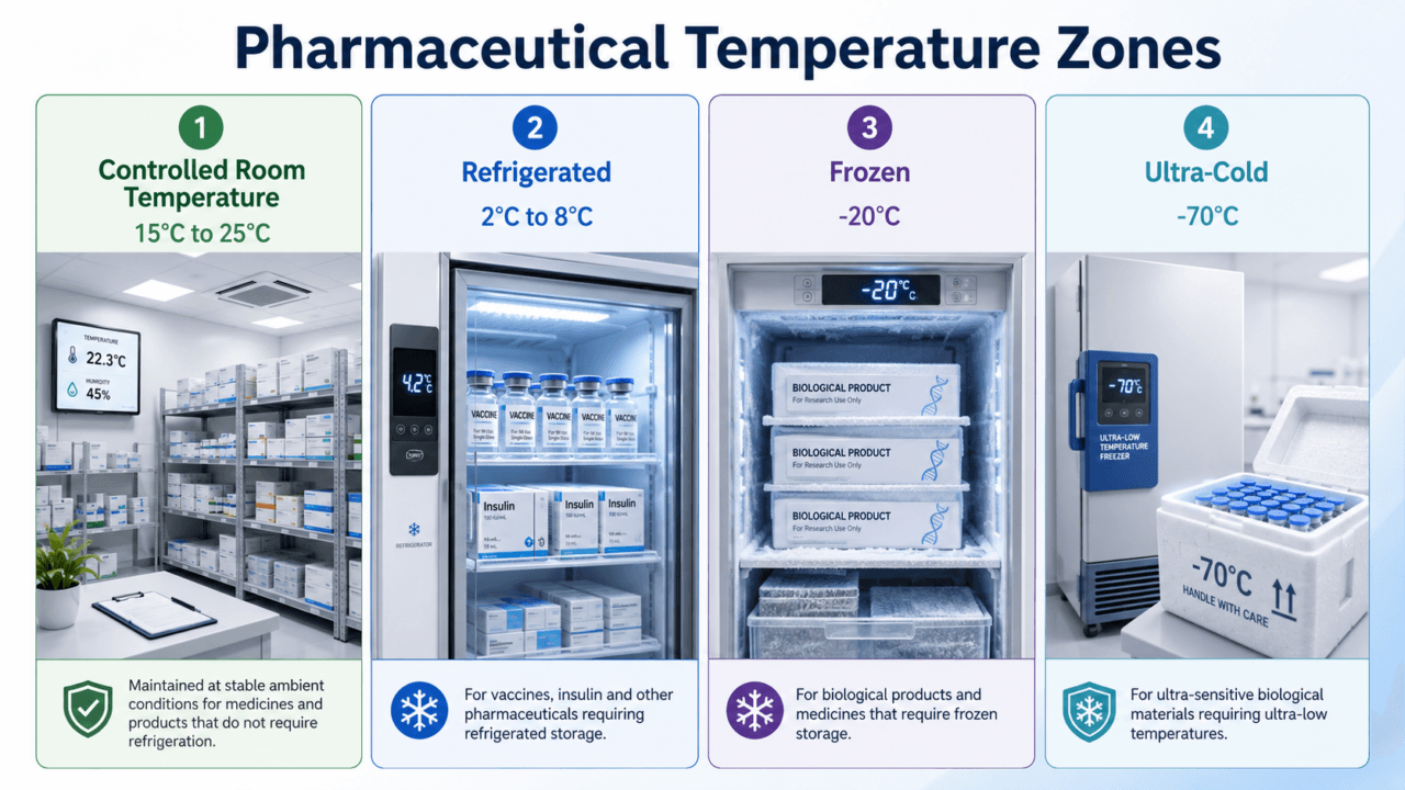Temperature zones: Controlled room temperature, 2°C–8°C, frozen and ultra-cold