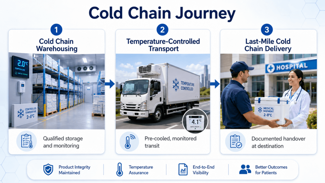 Cold chain journey: Cold Chain Warehousing, Temperature-Controlled Transport , Last-Mile Cold Chain Delivery